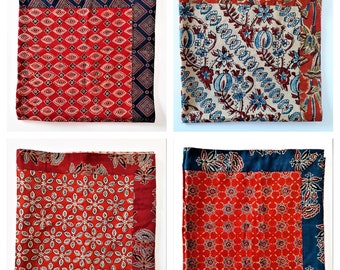 Kalamkari/Ajrakh/Bagh nadruki Kwadratowe indyjskie serwetki bawełniane Ręcznie drukowane 50x50cm/20&quot;x20&quot; Tkanina Do szycia Mata na stół Kwiaty Czerwony Indygo Ecru Niebieski