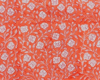 Fabric cut by 50 cm Indian light Cotton Fabric Hand Block Printed Sewing India Width 110 cm Flowers Coral Orange Mellon White