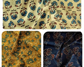 Fabric cut by 50 cm Indian Cotton Fabric Hand Block Printed India Flowers Ajrakh Ajrak prints Mustard Ivory Ecru Blue Indigo Red Teal Black