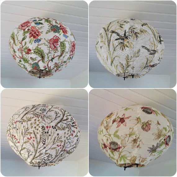 Handprinted Lantern Hanging Lamp Linen Cotton Fabric Bamboo Ø 40 cm Round Screen Printed Flowers Out