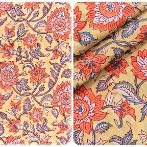 Stoffzuschnitt von 50 cm, indischer leichter Baumwoll-Mulmul-Stoff, handbedruckt, indische Blumen, Pfirsich, Weiß, Koralle, Hellgelb, Grau
