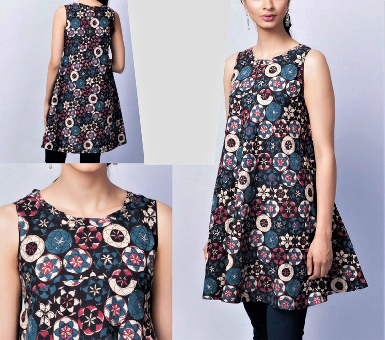 VINTAGE Mini Dress Top Tunic India Cotton Teal Red Hand Plock Print FABINDIA Boho Gypsy Pop 70/' Flowers Circles S size