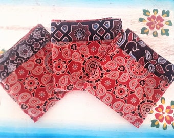 Ajrakh prints 50x50cm/20"x20" Square Indian cotton napkins Hand printed Fabric Sewing Table Mat Flowers Red Blue Black Beige