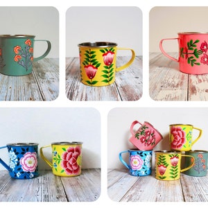 Mug Cup stainless steel enameled hand painted Saucer Planter Holder Container Vase India Flowers Yellow Pink Blue Foam Colorful