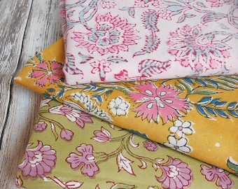 Pre cut Indian cotton Fabric Hand Block Printed Sewing Indian Flowers Mustard Gray Pink Olive Red Purple Colorful