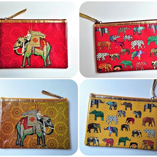 Beauty Schminktasche PVC 22x16 cm Tasche Federmäppchen Handtasche Kulturbeutel Rechteckig Wasserdicht Bunt Gold Gelb Elefant Indien