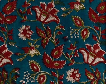 Pre cut Cotton Fabric 144x110cm Block Printed India Flowers Hand Block Printed India Flowers Dark Blue Red Green White