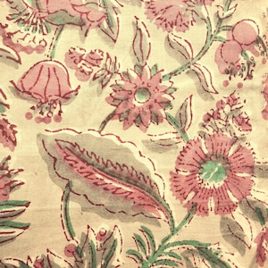 Pre cut Cotton Fabric 50x110cm/60x110cmBlock Printed India Flowers Mallow Gray Pink