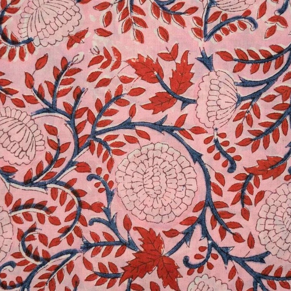 Pre cut Cotton Fabric 95x110cm Block Printed India Flowers Pink Red Blue