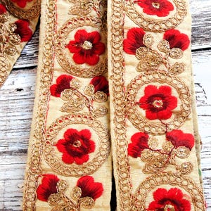 Embroidered width 50 mm Ribbon Border Trim India Haberdashery Sewing Poppy flowers Beige Red Gold Sold by 50 cm