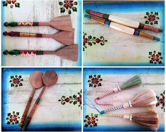 Handcrafted lacquered wooden spoon/wooden rolling pin/wooden spatula/Date palm leaves Broom India Ecological Colorful Kitchen