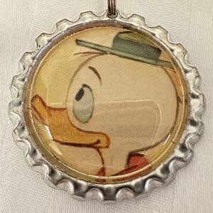Huey, Dewey, or Louie Duck Silver Metal Bottle Cap Keychain with a Gold Star Charm made from a Vintage 1970s Disney Magazine