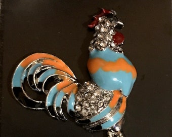 Rooster Needle Minder Magnet in orange and blue enamel for Needlepoint Cross Stitch or more