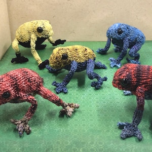 May include: Five knitted frog figurines in different colours: yellow, green, blue, red, and orange. The frogs are posed in a sitting position with their legs outstretched.