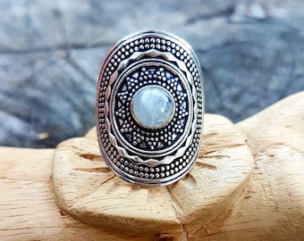 Versilberter Mandala Ring - Boho Ring - Mondstein Ring