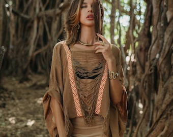 Jungle top chocolate- Ethnic top light brown- ceremonial poncho