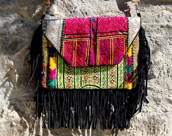 Boho chic handbag/ Ethnic handbag/ Embroidered bag/ Pink and green handbag