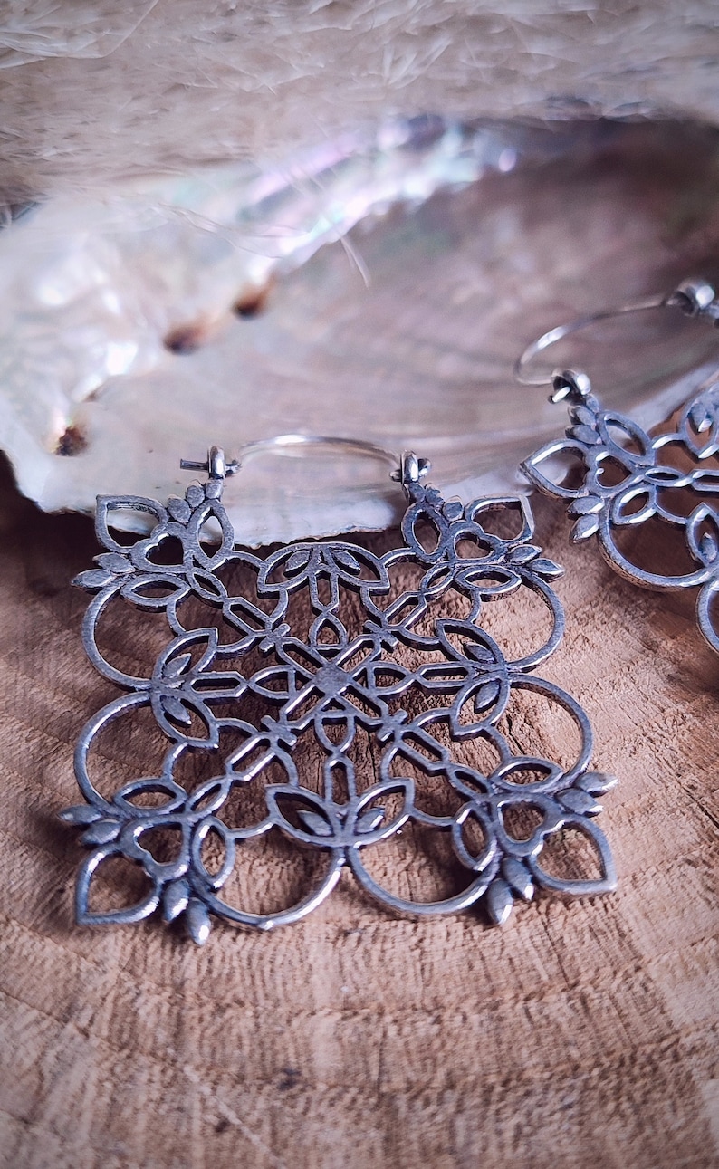 Silver plated flower mandala earrings Flower earrings Gipsy earrings boho jewelry gift for her image 1