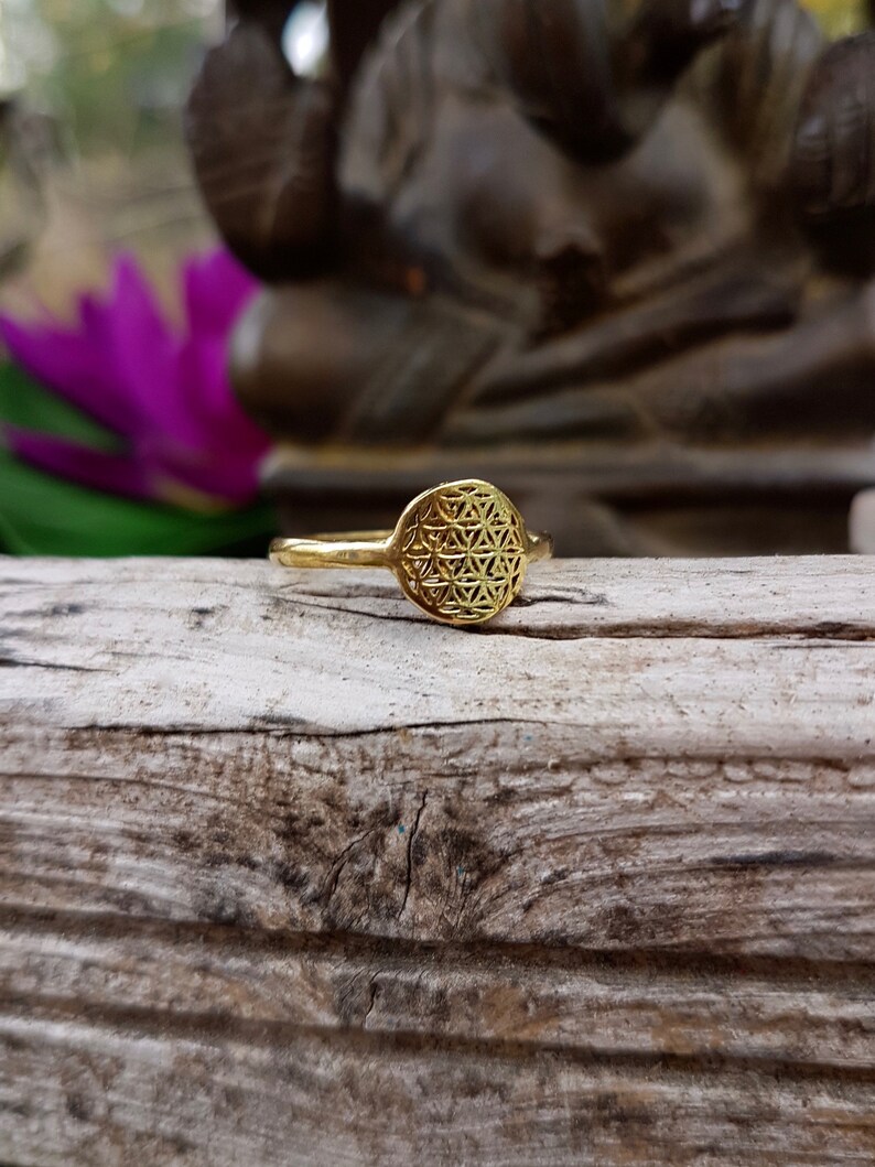 Flower of life ring tiny brass ring boho jewelry golden ring gift for her boho ring small brass ring image 2