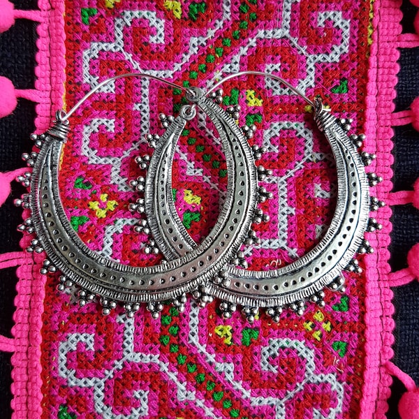 Boucles d'oreilles créoles Gipsy- gioielli etnici-orecchini tribali -orecchini afghani placcati in argento/ornamento etnico
