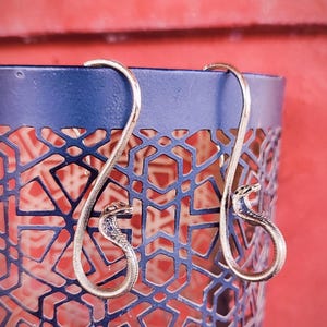 Peut inclure: Une paire de boucles d'oreilles serpent argentées. Chaque boucle d'oreille présente un motif de cobra détaillé avec un corps incurvé et une tête relevée. Les boucles d'oreilles sont présentées sur un fond bleu à motifs et un fond rouge.