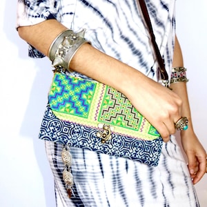 Sac Bandoulière Fait Main Vintage Laotien-Hmong - Motifs Traditionnels Multicolores - Neuf Avec étiquettes