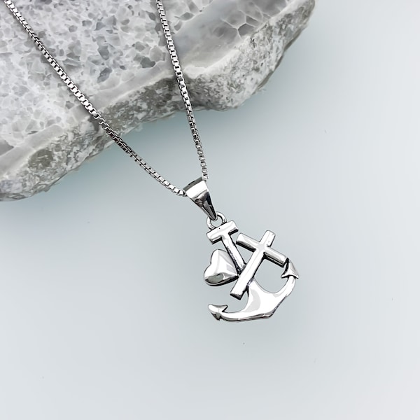 Anchor Heart and Cross Necklace Chain, Sterling Silver Faith Hope and Charity Necklace, Camargue Cross Necklace for Women, Baptism Gift