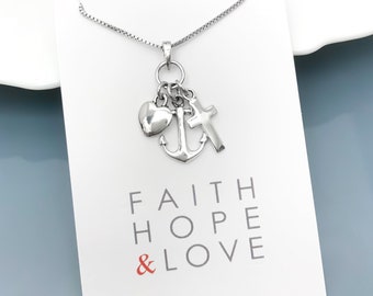 Sterling Silver Faith Hope and Charity Necklace, Cross Necklace, Sterling Silver Cross Necklace, Christmas Gift Necklace, Coworker Gift