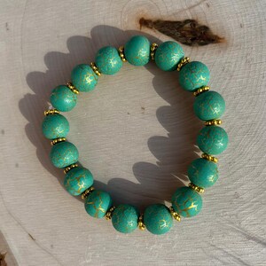 Teal & Gold Crackle Beaded Bracelet