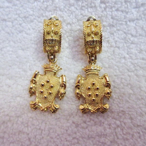 Vintage Nettie Rosenstein Crown Crest Clip Earrings Dangle GP SIGNED Mint!