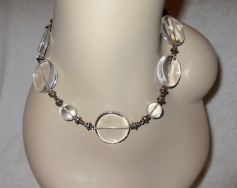 Vintage Modernist Glass Disk Necklace: Chunky Sterling Silver Midcentury Design
