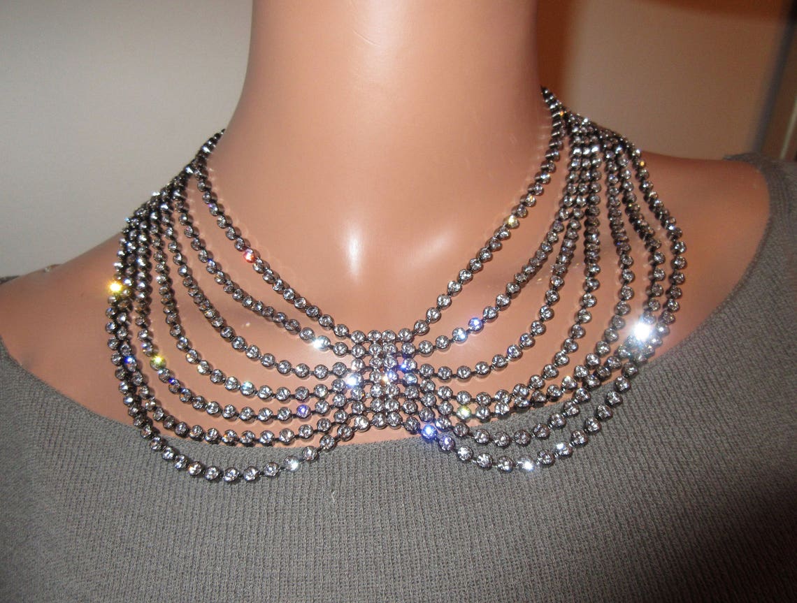 Sparkling Multi Strand Rhinestone Necklace Statement Pageant Bride