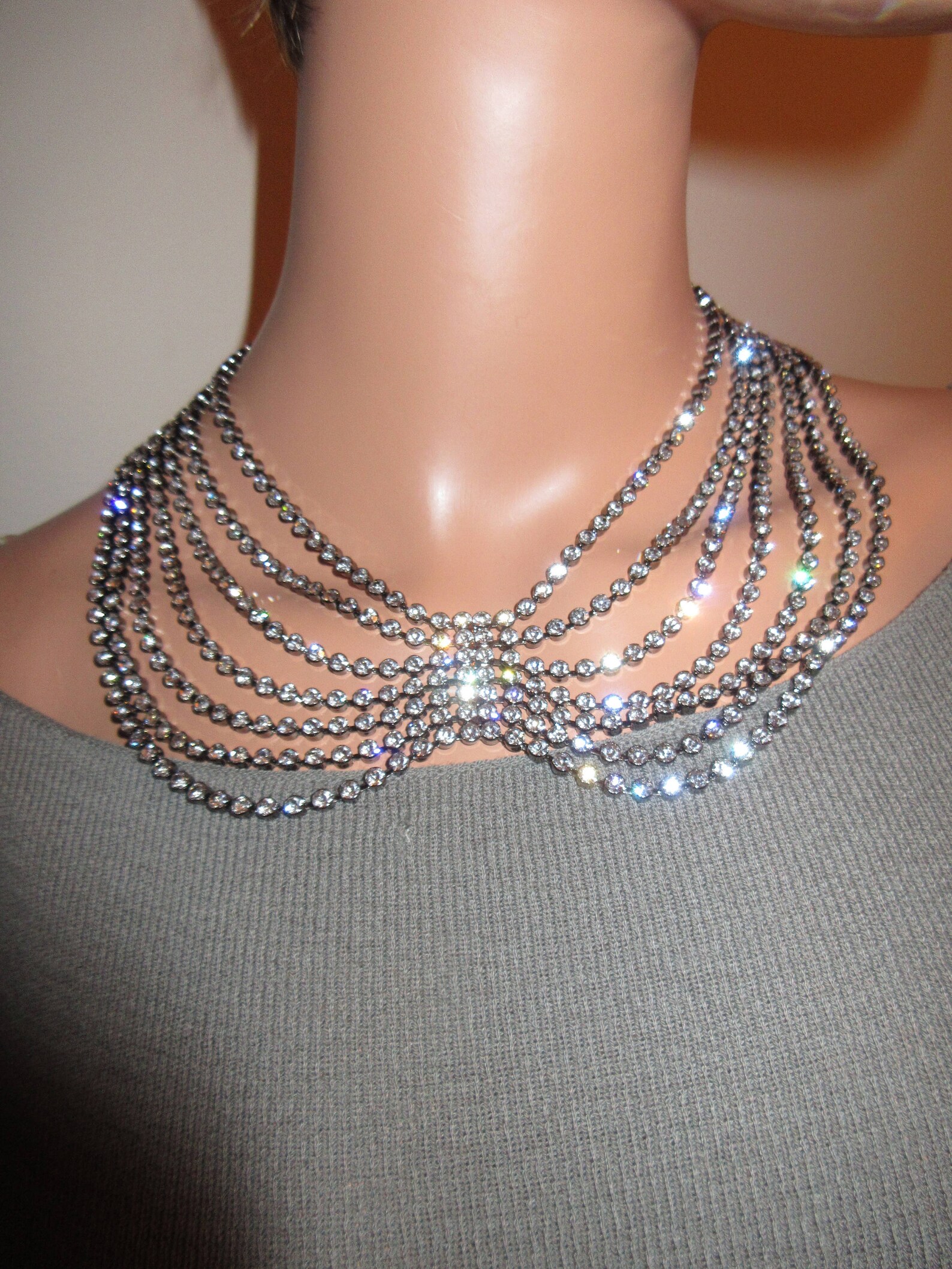 Sparkling Multi Strand Rhinestone Necklace Statement Pageant Bride