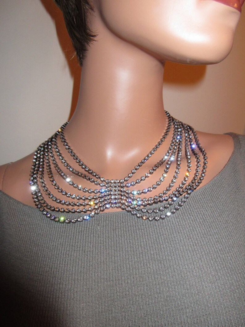 Sparkling Multi Strand Rhinestone Necklace Statement Pageant Bride Bridal Mint!