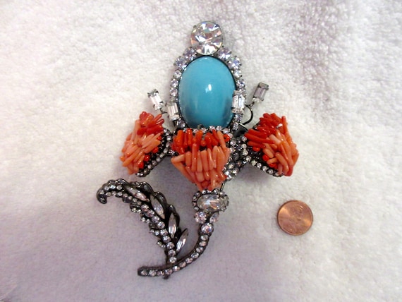 Vrba Turquoise Cabochon Coral Flower Brooch Pin S… - image 1