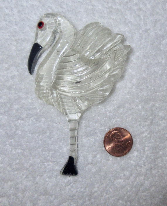 Midcentury Clear Lucite Flamingo Pin Reverse Carv… - image 1