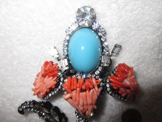 Vrba Turquoise Cabochon Coral Flower Brooch Pin S… - image 4