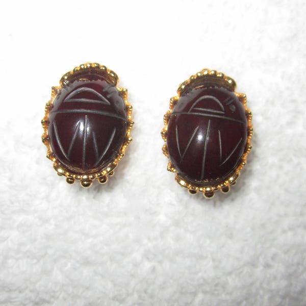 MMA NY Museum Clip Earrings Scarab Egyptian Revival Brown Gold Plated --Mint!