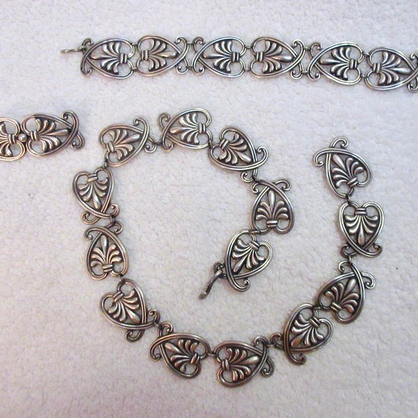 Margot de Taxco Necklace Bracelet Pin Sterling Silver Leaf SIGNED 3 pc Art Deco