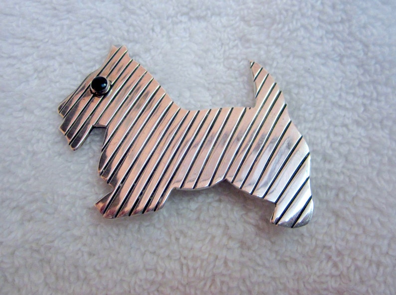 Scottie Dog Pin Taxco Sterling Silver Onyx Vintage Art Deco Hefty 26gr Superb!
