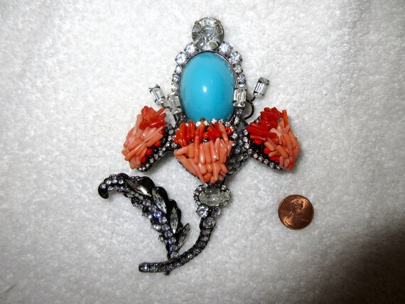 Vrba Turquoise Cabochon Coral Flower Brooch Pin S… - image 2