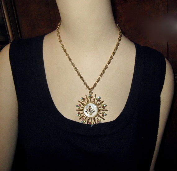 Vintage Coro Crown Pendant Necklace Crystals MOP S