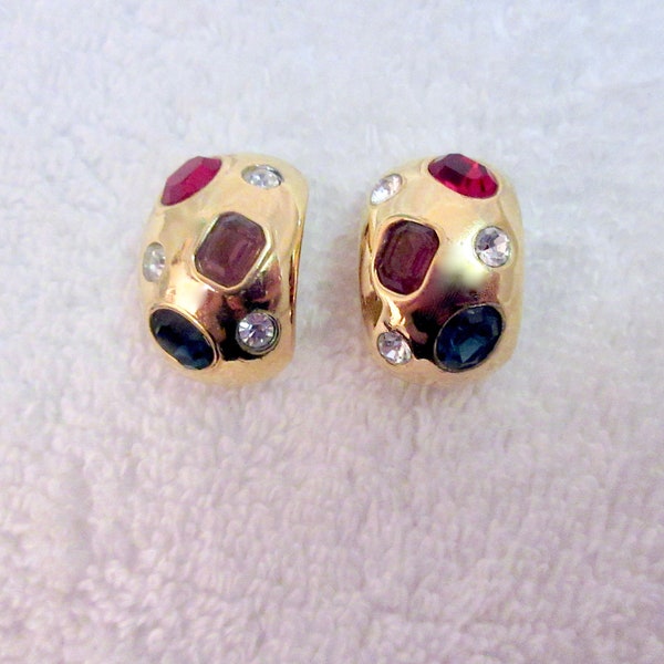 Ciner Emerald Ruby Amethyst Crystal Clip Earrings Vintage Gold Plated --Superb!
