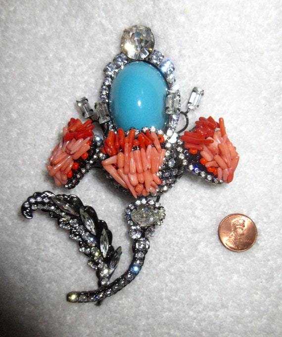 Vrba Turquoise Cabochon Coral Flower Brooch Pin S… - image 3