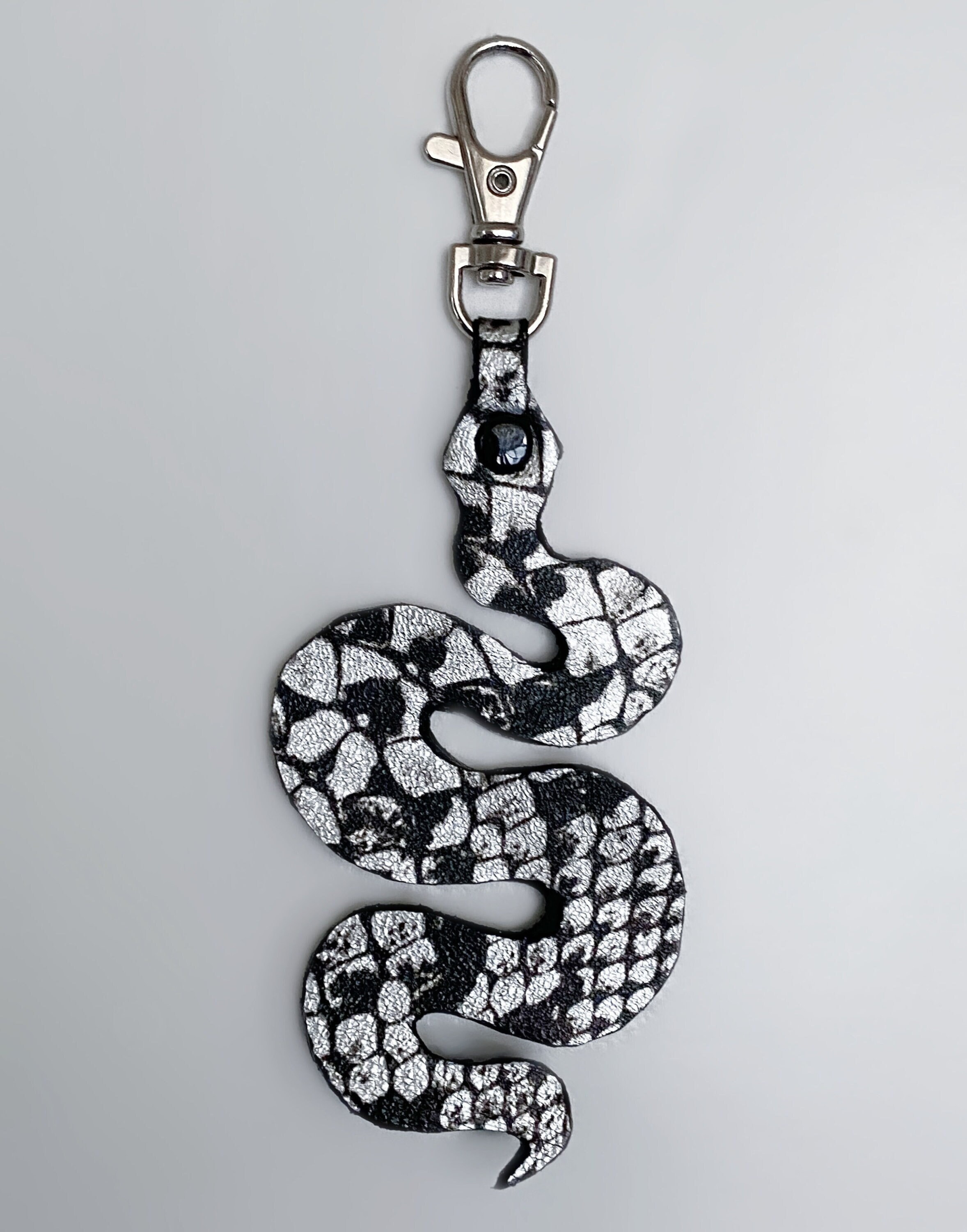 Snake Skin Print Leather Keychain Bag Charm Silver Snake Serpent