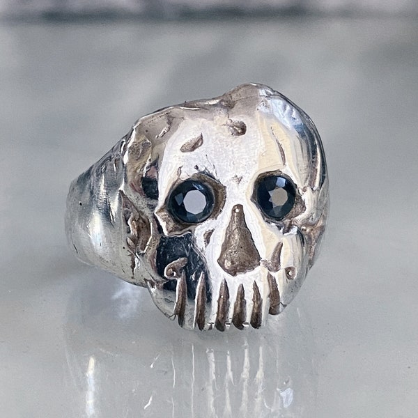 Sterling Silver Skull Ring, Iron Man Skull Ring with Blue Sapphires, Statement Skull Ring, Skull Jewelry