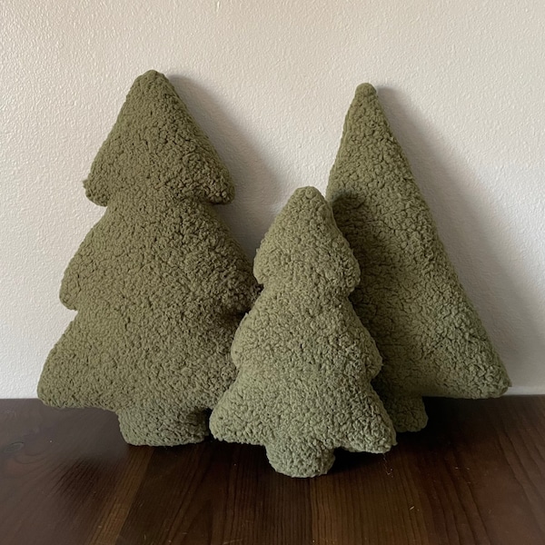Tree shaped pillow in Olive Green Sherpa fur on the front and back, Christmas pillow