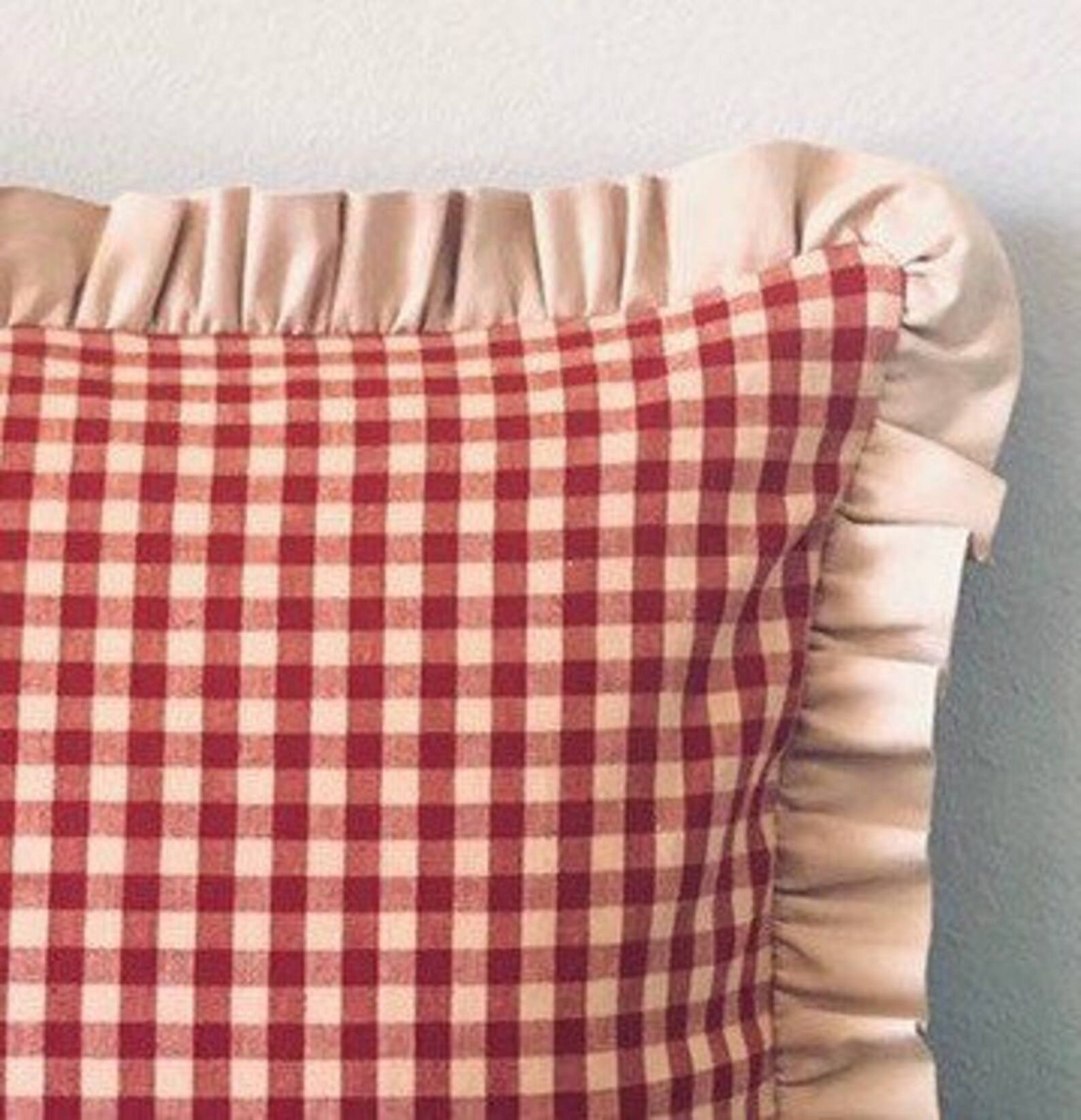 Red and Natural gingham check pillow cover with ruffle options Etsy
