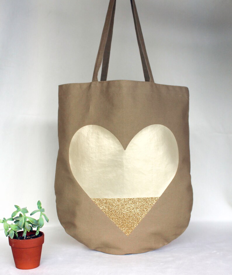 U shape heart canvas tan khaki tote bag school book bag shopping grocery market bag craft sewing bag cotton handmade original design