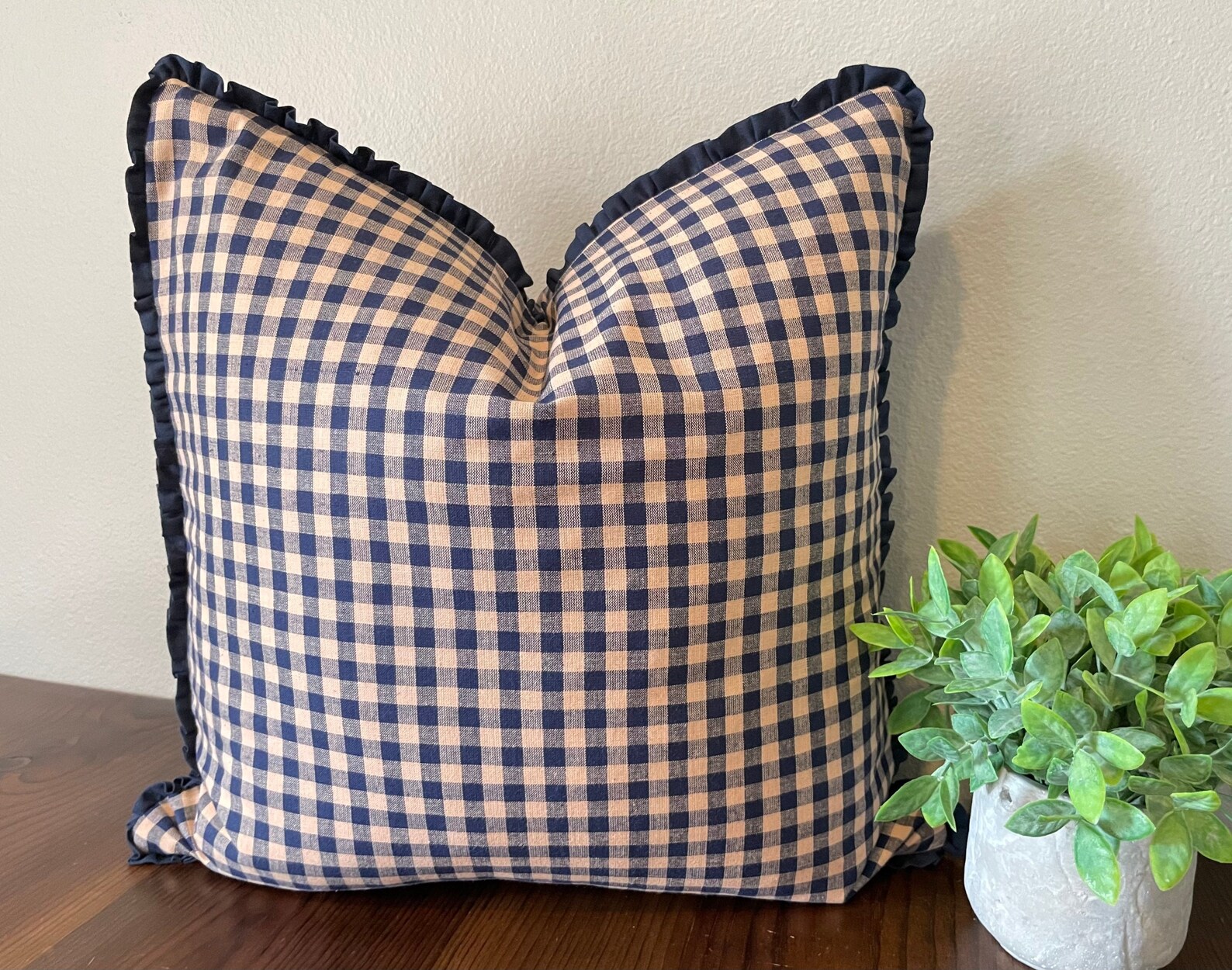 Blue and Natural Gingham Check Pillow Cover With Navy Ruffle Etsy